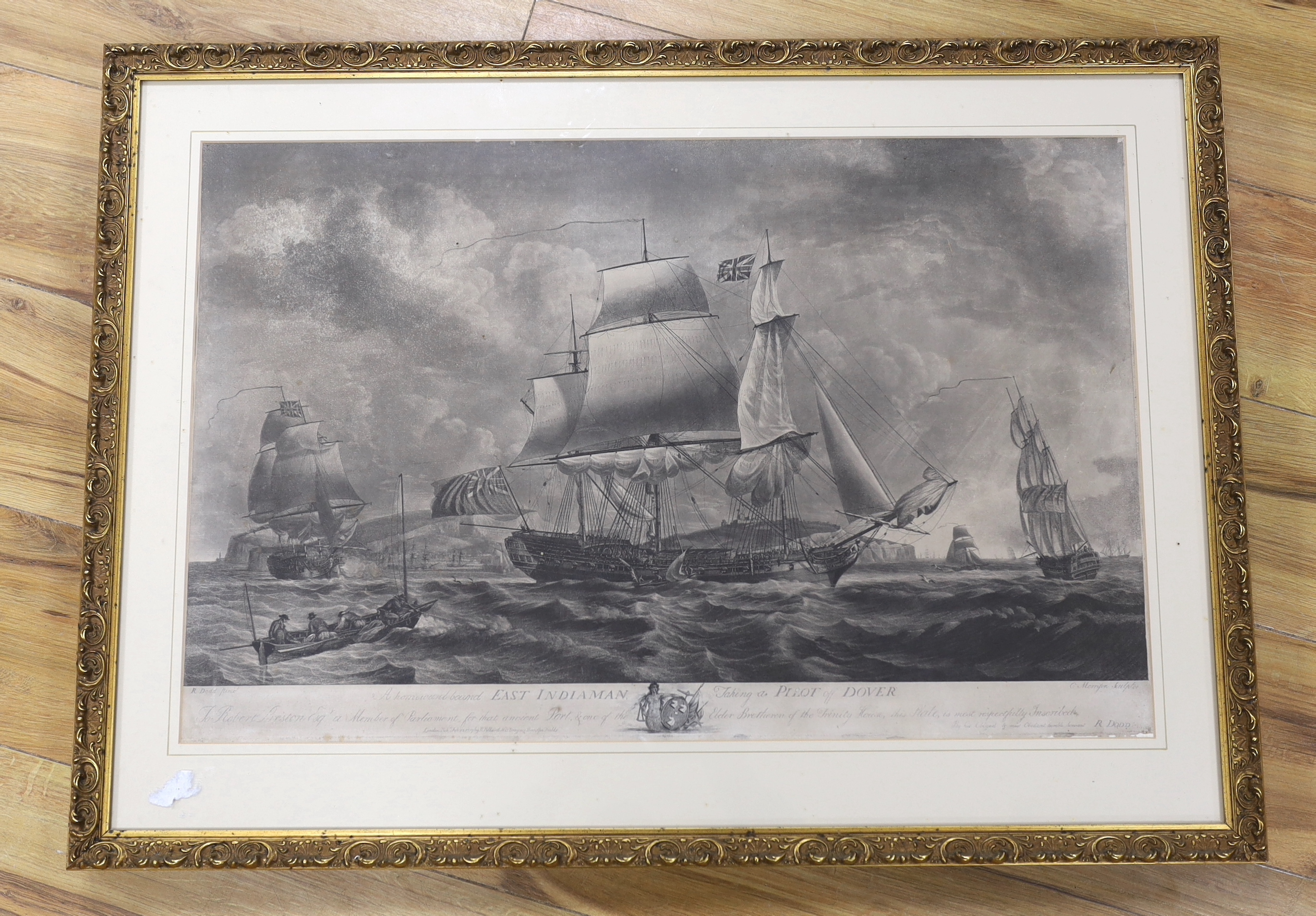 After Robert Dodd (1748-1816), engraving, 'A Homeward Bound East Indiaman, Taking Port off Dover', publ. 22nd February 1787 by R Pollard, London, 42 x 65cm